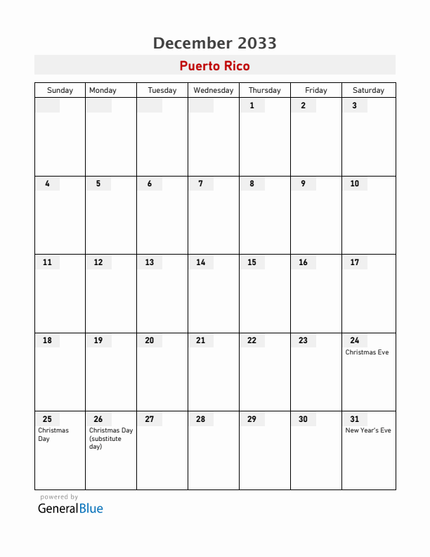 Puerto Rico December 2033 Calendar with Holidays