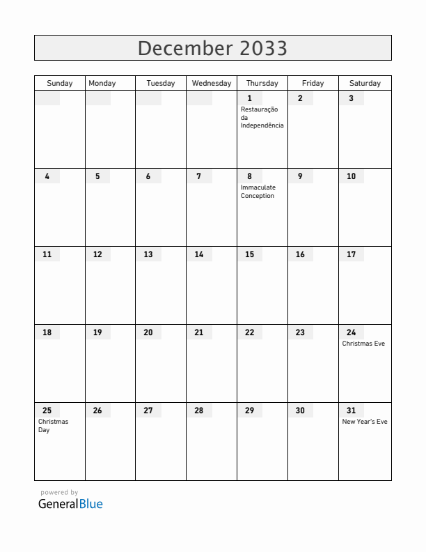 Portugal December 2033 Calendar with Holidays