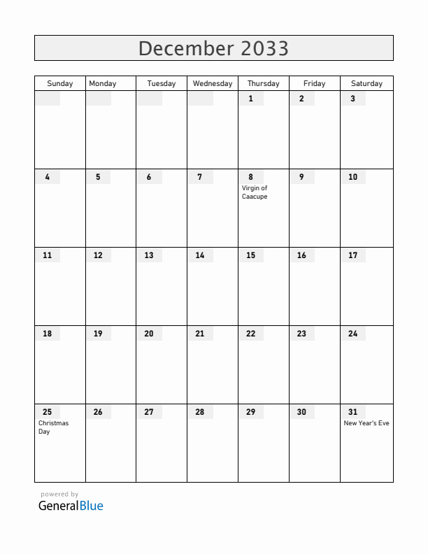 Paraguay December 2033 Calendar with Holidays