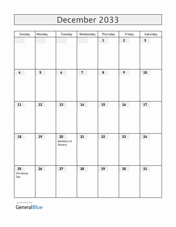 Reunion December 2033 Calendar with Holidays
