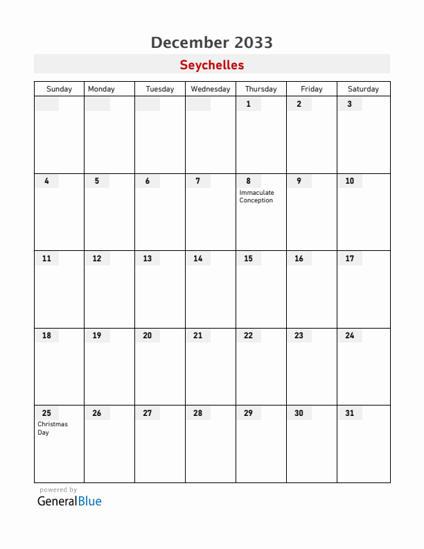 Seychelles December 2033 Calendar with Holidays