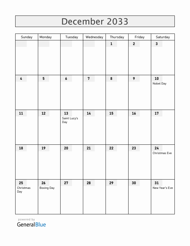 Sweden December 2033 Calendar with Holidays