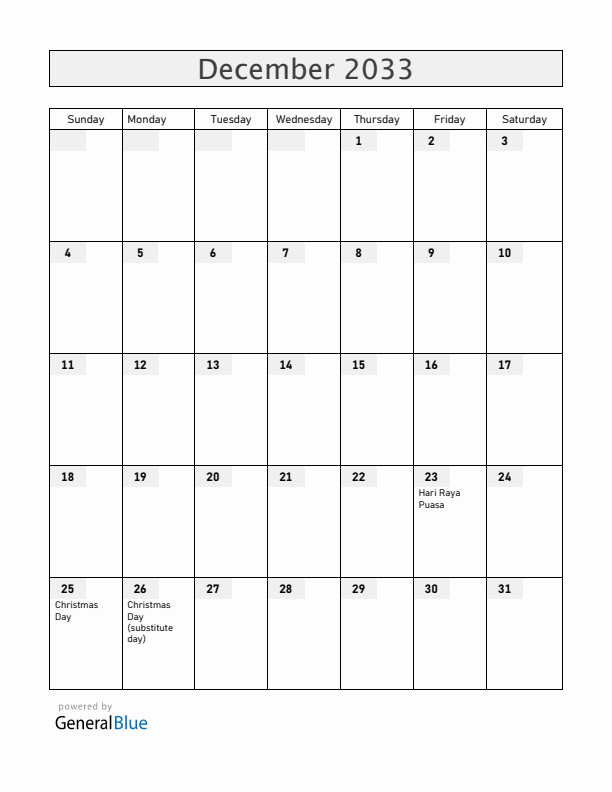 Singapore December 2033 Calendar with Holidays