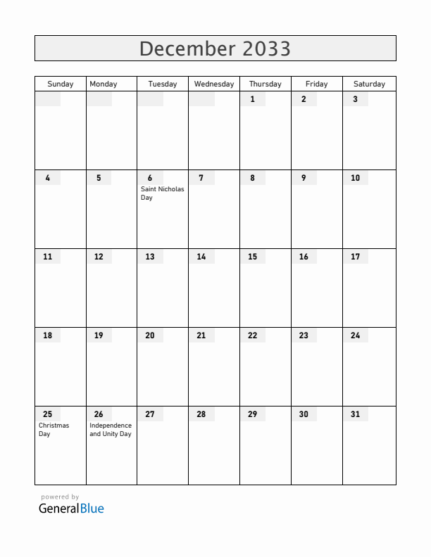 Slovenia December 2033 Calendar with Holidays