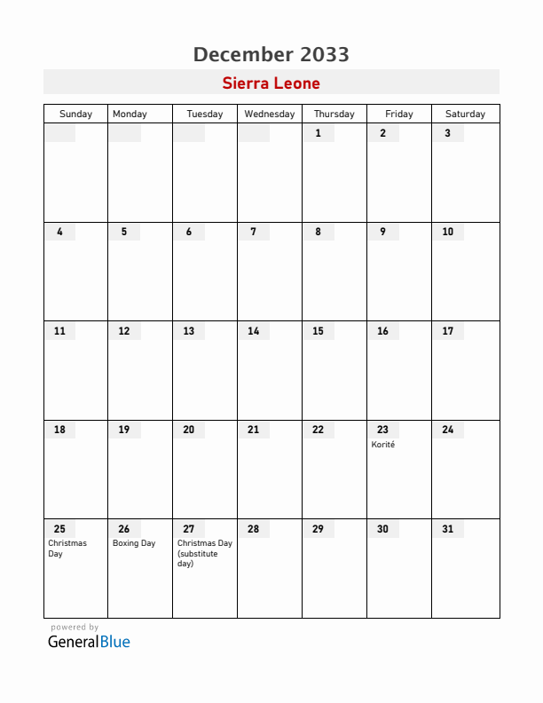 Sierra Leone December 2033 Calendar with Holidays