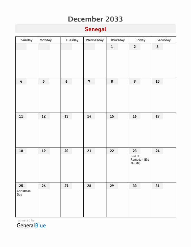 Senegal December 2033 Calendar with Holidays