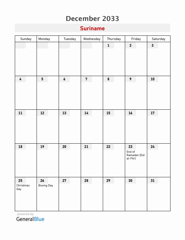 Suriname December 2033 Calendar with Holidays