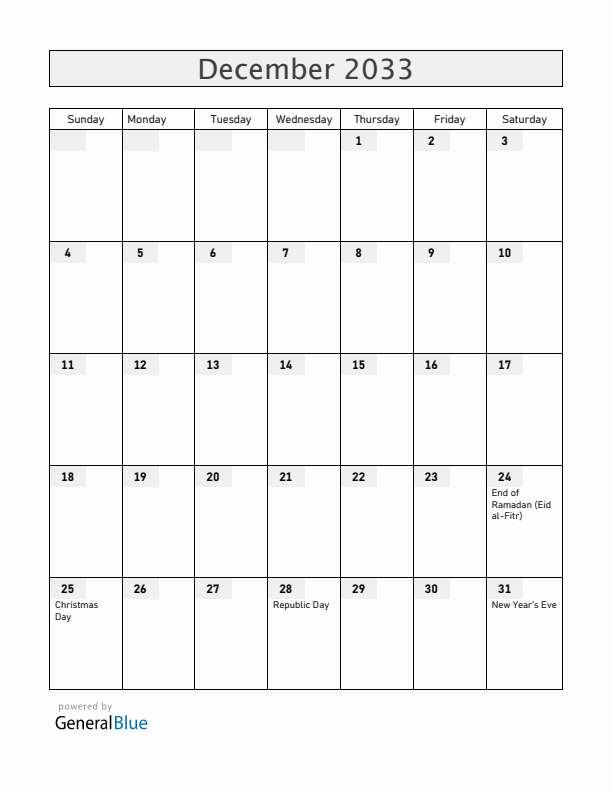 South Sudan December 2033 Calendar with Holidays