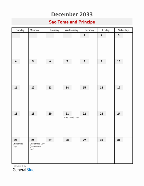 Sao Tome and Principe December 2033 Calendar with Holidays