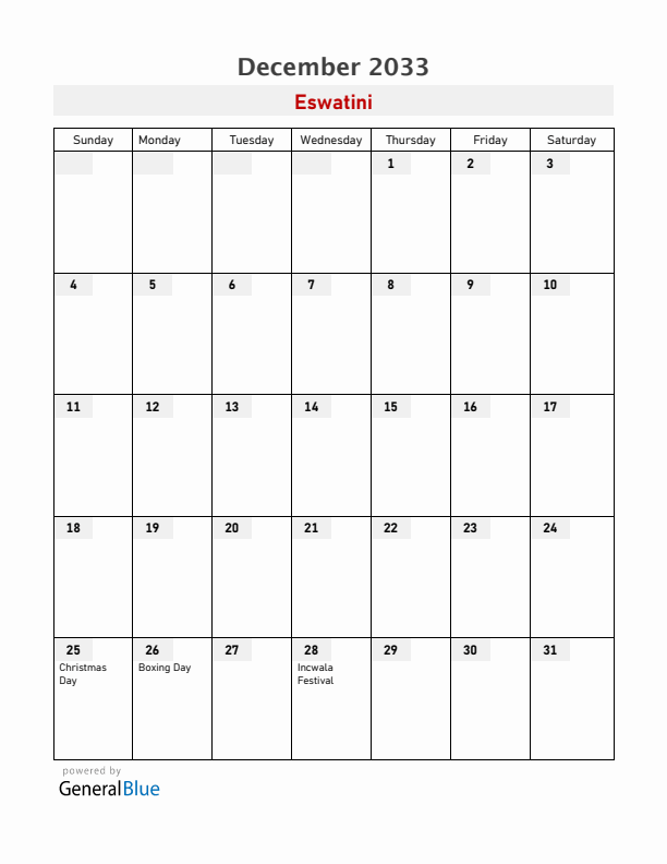 Eswatini December 2033 Calendar with Holidays