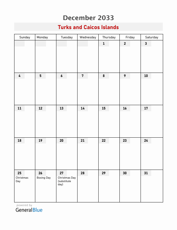 Turks and Caicos Islands December 2033 Calendar with Holidays