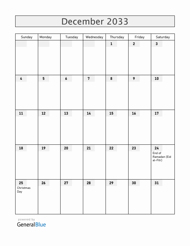 Togo December 2033 Calendar with Holidays