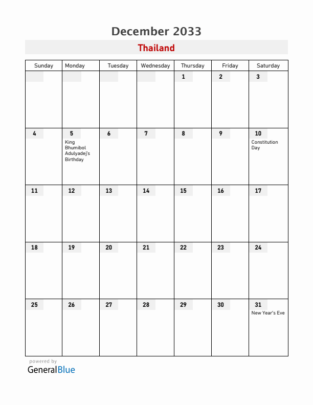 Thailand December 2033 Calendar with Holidays