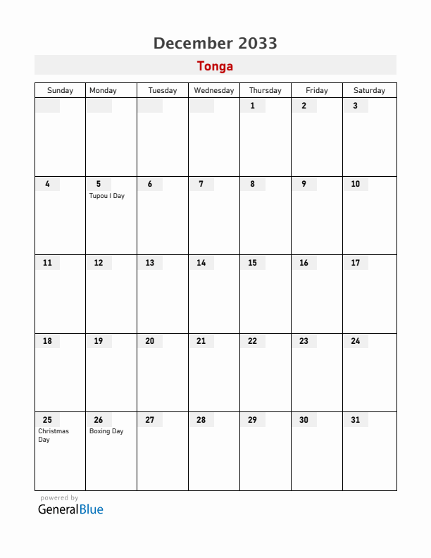 Tonga December 2033 Calendar with Holidays
