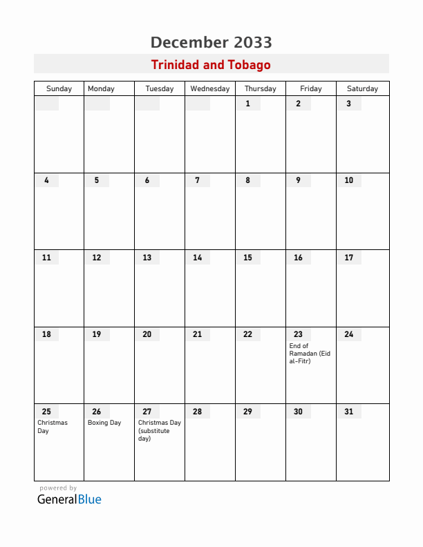 Trinidad and Tobago December 2033 Calendar with Holidays