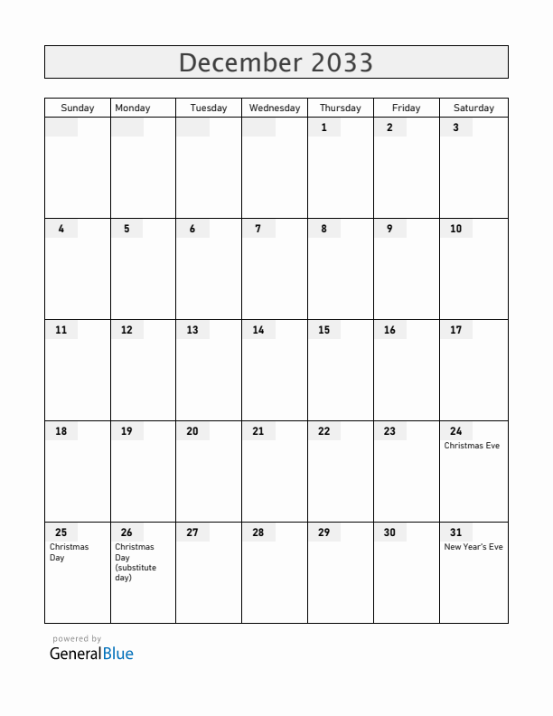 United States December 2033 Calendar with Holidays