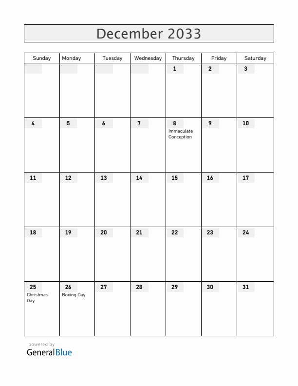 Vatican December 2033 Calendar with Holidays