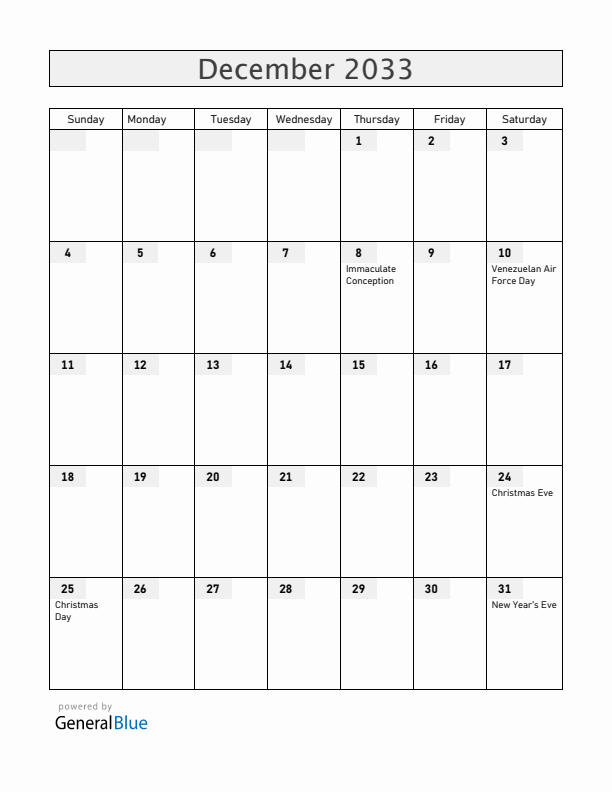 Venezuela December 2033 Calendar with Holidays