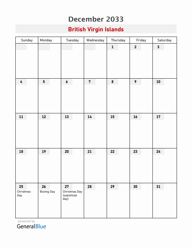 British Virgin Islands December 2033 Calendar with Holidays