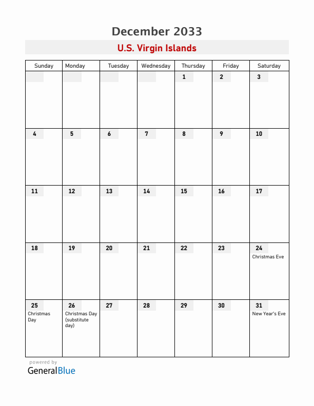 U.S. Virgin Islands December 2033 Calendar with Holidays