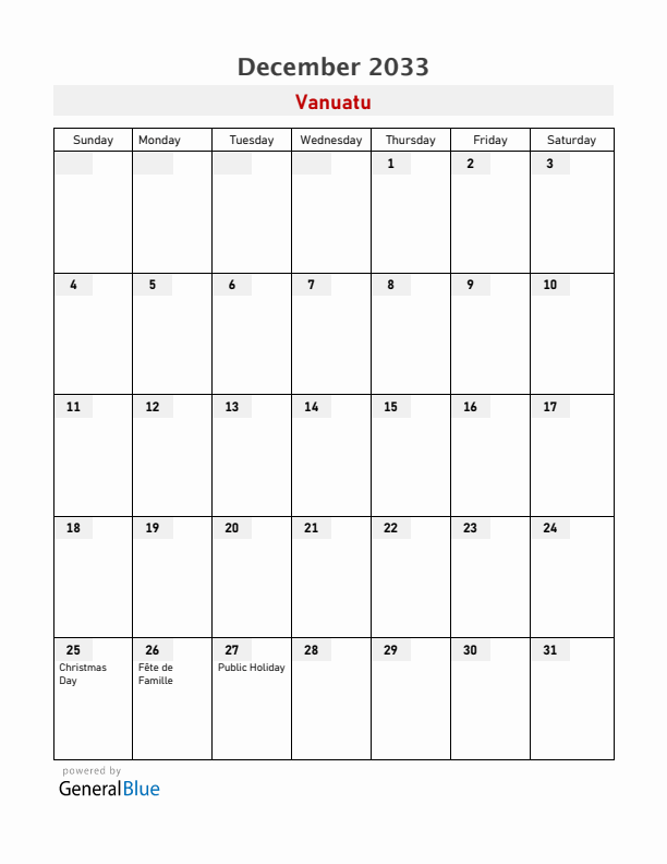 Vanuatu December 2033 Calendar with Holidays