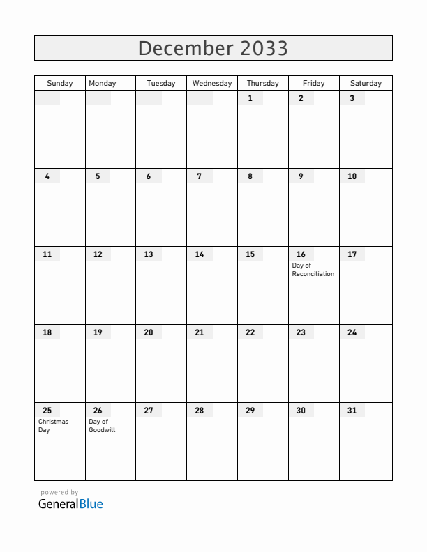 South Africa December 2033 Calendar with Holidays