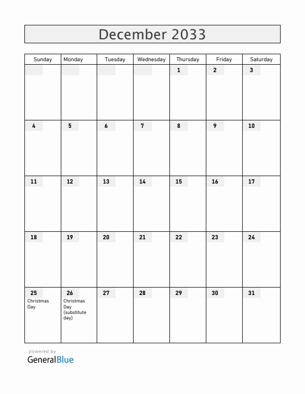 Zambia December 2033 Calendar with Holidays