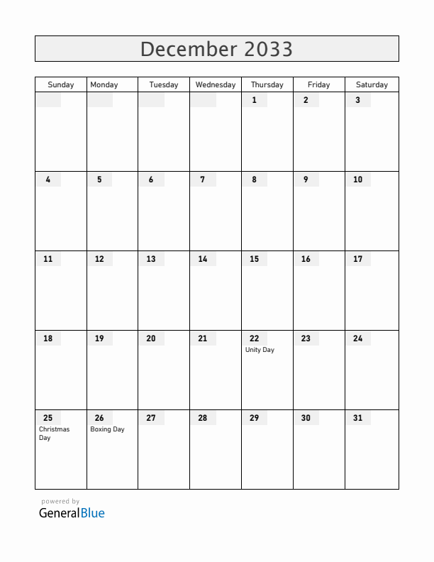 Zimbabwe December 2033 Calendar with Holidays