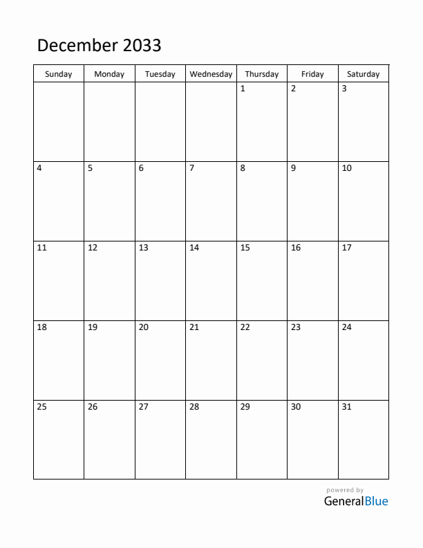 Sunday Start Calendar for December 2033