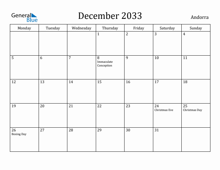 December 2033 Calendar Andorra