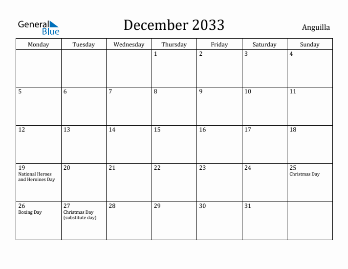 December 2033 Calendar Anguilla