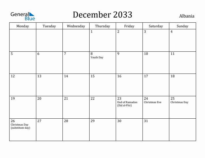 December 2033 Calendar Albania