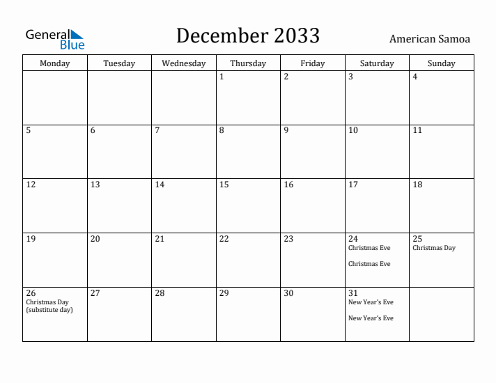 December 2033 Calendar American Samoa