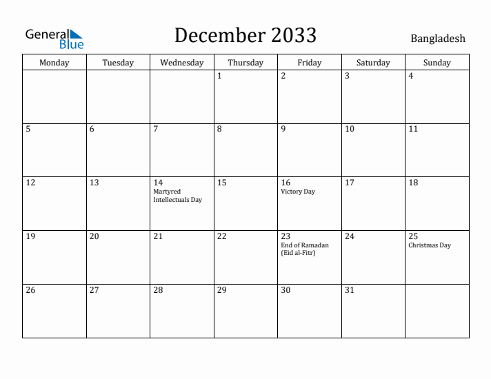 December 2033 Calendar Bangladesh
