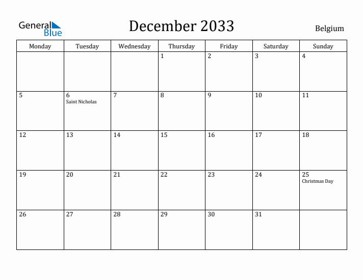 December 2033 Calendar Belgium