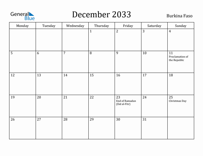 December 2033 Calendar Burkina Faso