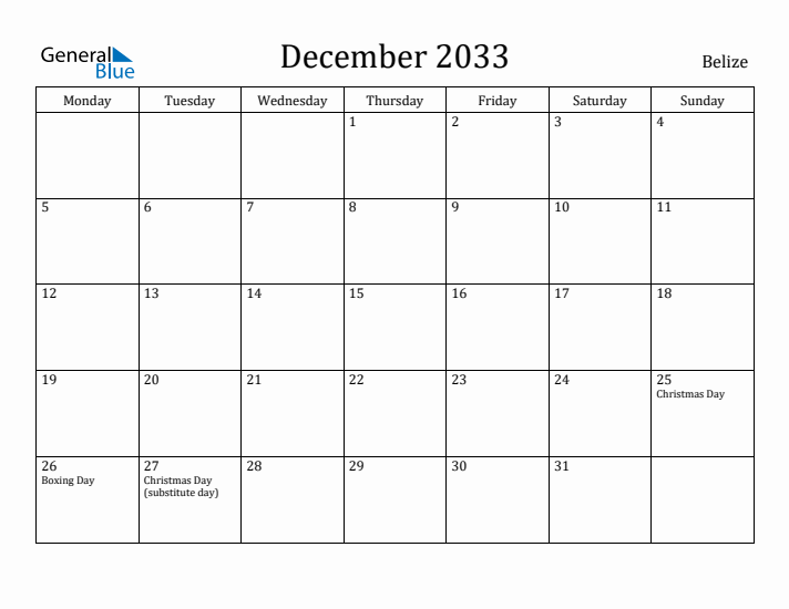 December 2033 Calendar Belize