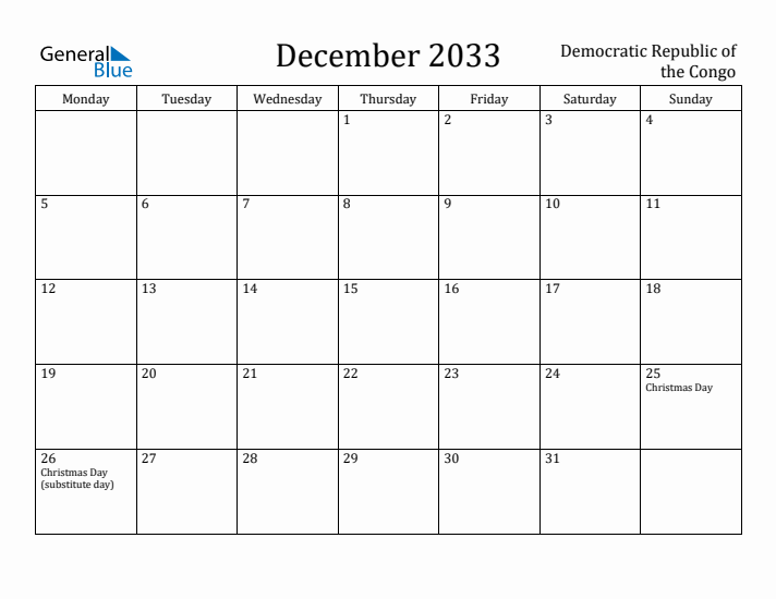 December 2033 Calendar Democratic Republic of the Congo