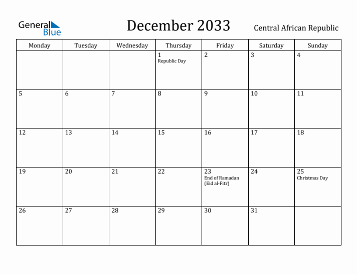 December 2033 Calendar Central African Republic