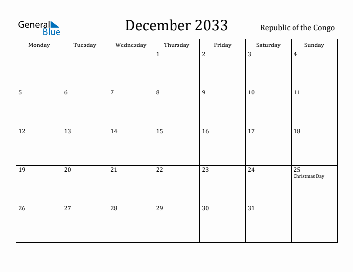 December 2033 Calendar Republic of the Congo