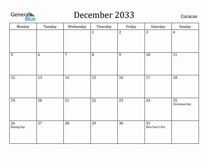 December 2033 Calendar Curacao