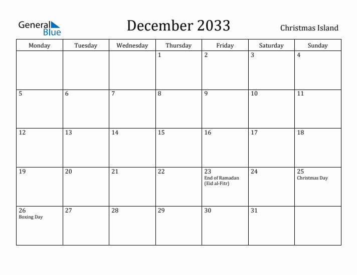 December 2033 Calendar Christmas Island