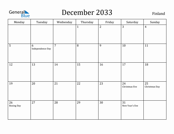 December 2033 Calendar Finland