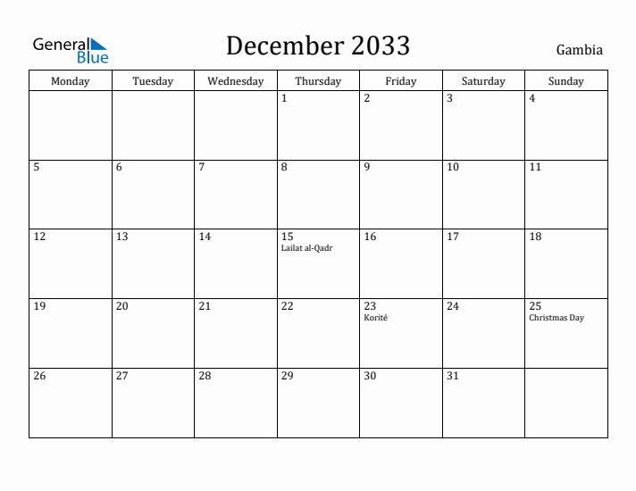 December 2033 Calendar Gambia