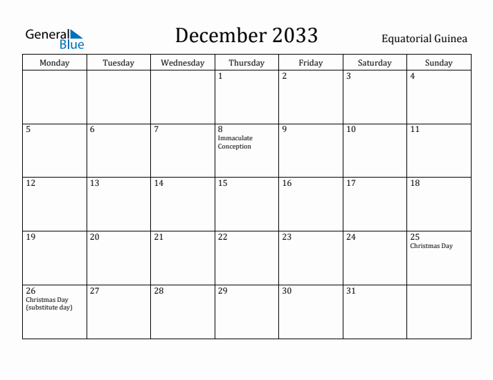 December 2033 Calendar Equatorial Guinea