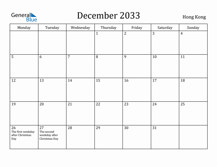 December 2033 Calendar Hong Kong