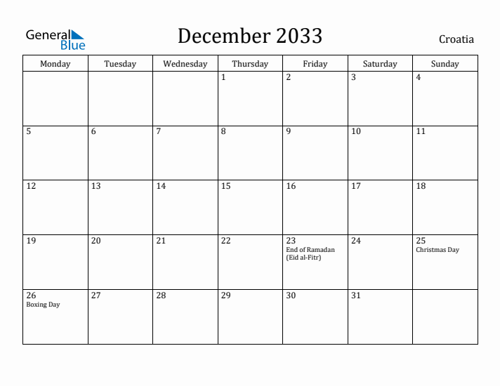 December 2033 Calendar Croatia