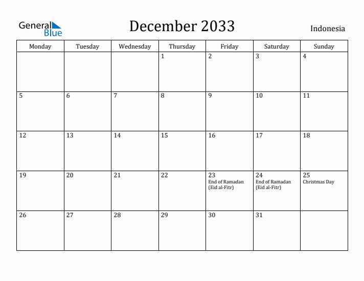 December 2033 Calendar Indonesia