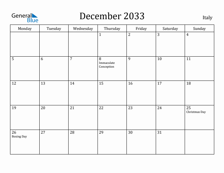 December 2033 Calendar Italy