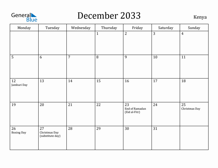 December 2033 Calendar Kenya